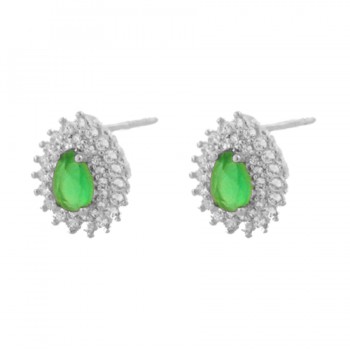 Brinco gota pedra maior verde esmeralda com zirconia cristal em volta, 8x6mm, Prata. 350005