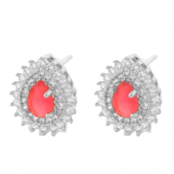 Brinco gota pedra maior vermelho rubi com zirconia cristal em volta, 8x6mm, Prata. 350007