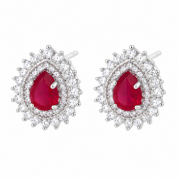 Brinco gota pedra maior vermelho rubi com zirconia cristal em volta, 8x6mm, Prata. 350007 Brinco gota pedra maior vermelho rubi com zirconia cristal em volta, 8x6mm, Prata. 350007