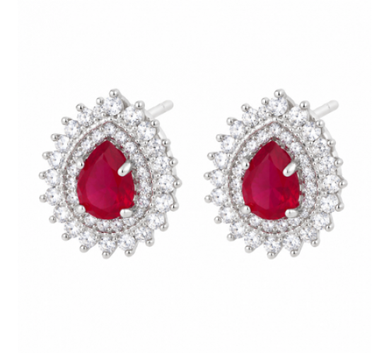 Brinco gota pedra maior vermelho rubi com zirconia cristal em volta, 8x6mm, Prata. 350007