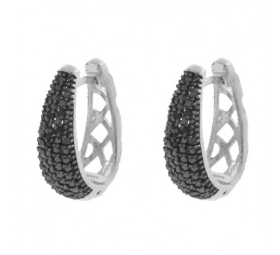 Brinco argola oval zirconia negra na frente vazado atras. 13x2mm, prata. 350019