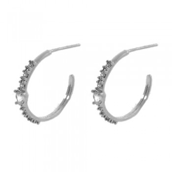 Brinco meia argola media fina zirconia cristal e coracao cristal. 12mm, prata. 350020