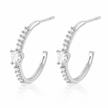 Brinco meia argola media fina zirconia cristal e coracao cristal. 12mm, prata. 350020