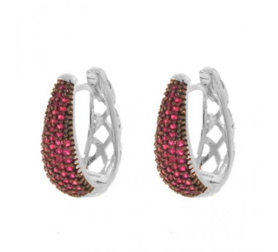 Brinco argola oval zirconia vermelha na frente vazado atras. 13x2mm, prata. 350022