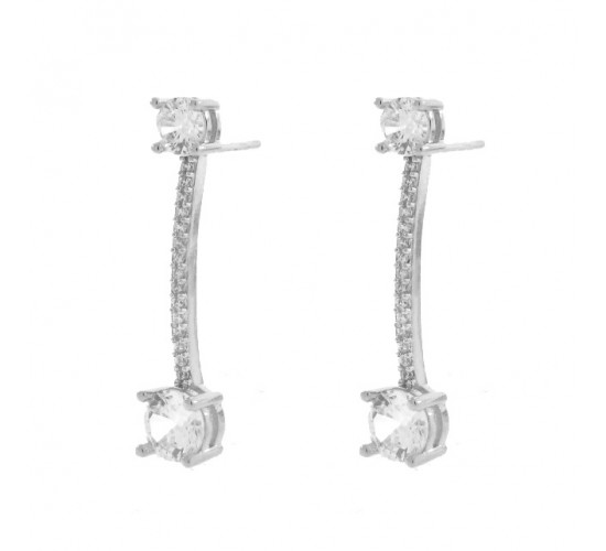 Brinco com haste zirconia cristal, zirconia maior cristal nas pontas. 24x1mm, prata. 350025