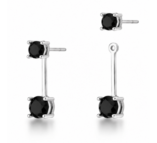 Brinco encaixe zirconia negra haste lisa. 17x1mm, prata. 350028