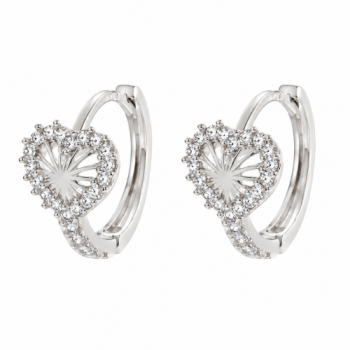 Brinco argola pequena coracao vazado com zirconia cristal em volta. 7mm, prata. 350032