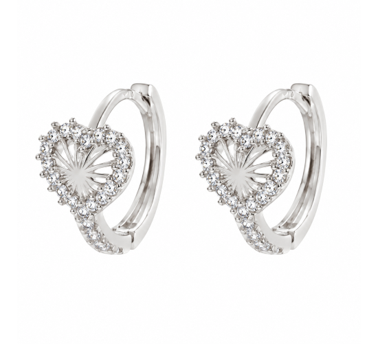Brinco argola pequena coracao vazado com zirconia cristal em volta. 7mm, prata. 350032