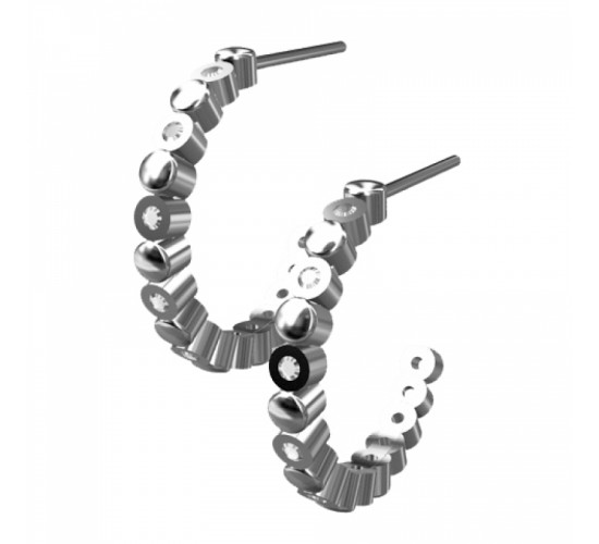 Brinco meia argola media fina intercalado bolinha lisa e zirconia cristal. 14mm, prata. 350772