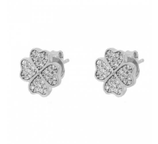 Brinco trevo zirconia cristal, 5x5mm, Prata. 350782