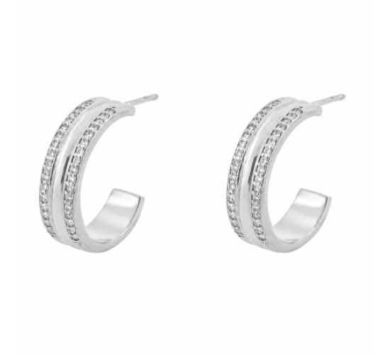 Brinco meia argola media zirconia cristal nas laterais liso no meio. 13x1mm, prata. 350821
