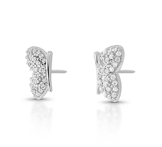 Brinco borboleta pequena de lado zirconia cristal. 6x2mm, prata. 350872