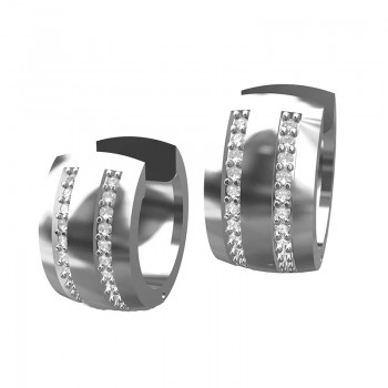 Brinco argola media 2 fileiras zirconia cristal na frente liso atras, 9x2mm, Prata. 350966