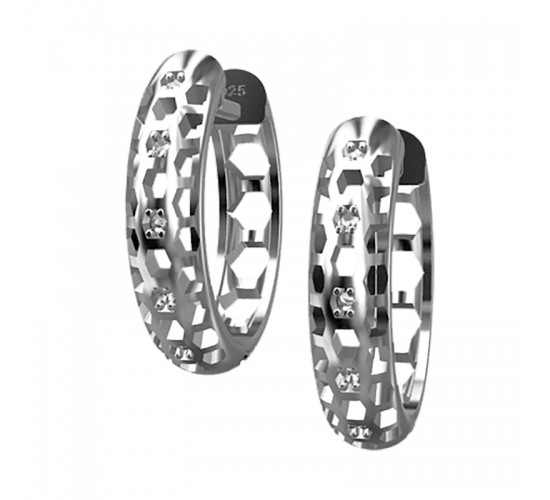 Brinco argola  media oval colmeia vazado zirconia cristal. 13mm, prata. 350970