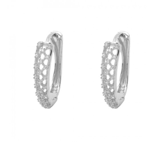 Brinco argola media zirconia cristal vazada liso atras, 14mm, Prata. 351051