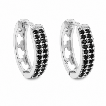 Brinco argola media oval zirconia negra na frente vazada em cruz atras. 15.5mm, prata. 351362