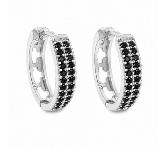 Brinco argola media oval zirconia negra na frente vazada em cruz atras. 15.5mm, prata. 351362