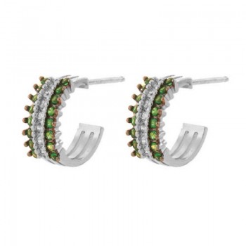 Brinco meia argola media 3 fileiras zirconia verde centro cristal. 12.5mm, prata. 351366
