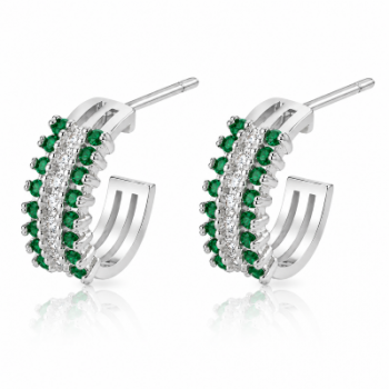 Brinco meia argola media 3 fileiras zirconia verde centro cristal. 12.5mm, prata. 351366