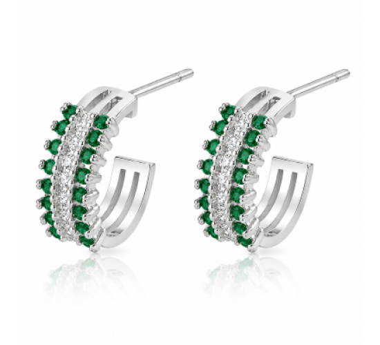 Brinco meia argola media 3 fileiras zirconia verde centro cristal. 12.5mm, prata. 351366