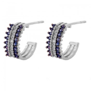 Brinco meia argola media 3 fileiras zirconia azul safira centro cristal. 12.5mm, prata. 351368