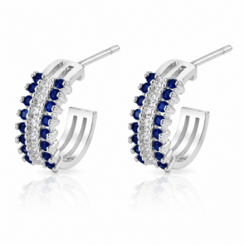 Brinco meia argola media 3 fileiras zirconia azul safira centro cristal. 12.5mm, prata. 351368