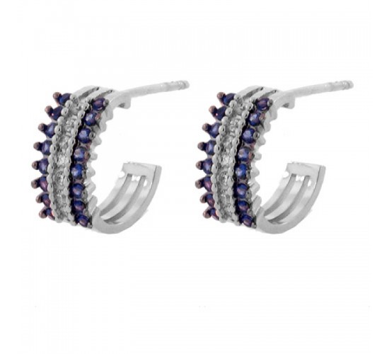 Brinco meia argola media 3 fileiras zirconia azul safira centro cristal. 12.5mm, prata. 351368