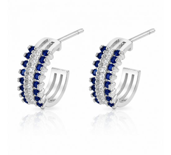 Brinco meia argola media 3 fileiras zirconia azul safira centro cristal. 12.5mm, prata. 351368
