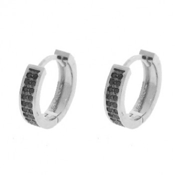 Brinco argola media redonda zirconia negra na frente lisa atras. 13.5mm, prata. 351377
