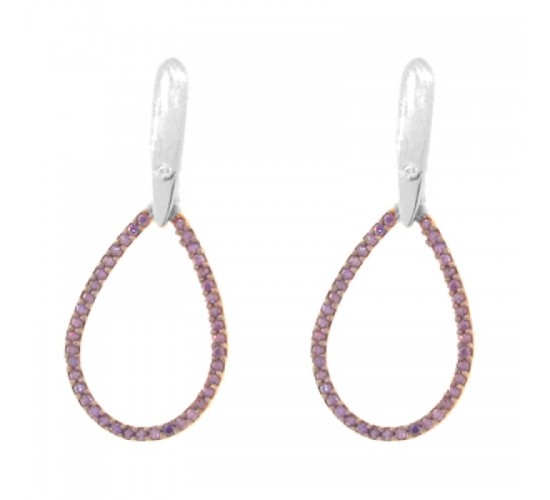Brinco haste lisa gota pendurada zirconia lilas. 33x14.5mm, prata. 351380