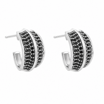 Brinco meia argola media zirconia negra filete liso no centro. 16x10mm, prata. 351384