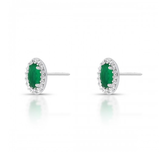 Brinco oval pedra maior verde esmeralda com zirconia cristal em volta, 9x6mm, Prata. 351385