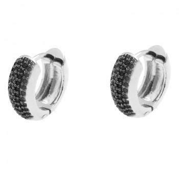 Brinco argola media pave zirconia negra, 14mm, Prata. 351410