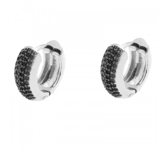 Brinco argola media pave zirconia negra, 14mm, Prata. 351410