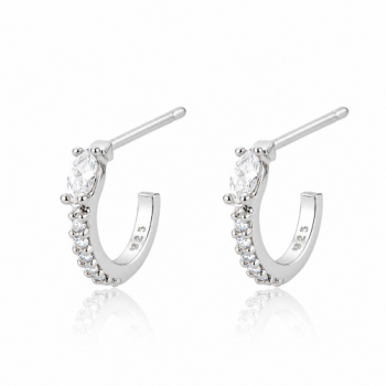 Brinco meia argola pequena fina zirconia cristal. 11mm, prata. 351439