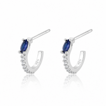 Brinco meia argola pequena fina zirconia cristal e navete azul. 11mm, prata. 351440
