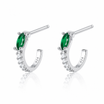 Brinco meia argola peuqena fina zirconia cristal e navete verde. 11mm, prata. 351441 Brinco meia argola peuqena fina zirconia cristal e navete verde. 11mm, prata. 351441