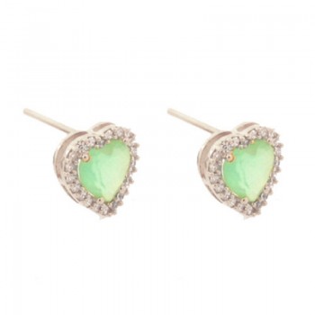 Brinco coracao pedra maior verde paraiba com zirconia cristal em volta, 9.5x9.5mm, Prata. 351549