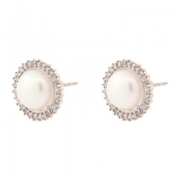 Brinco perola com zirconia cristal em volta, Prata.  351550