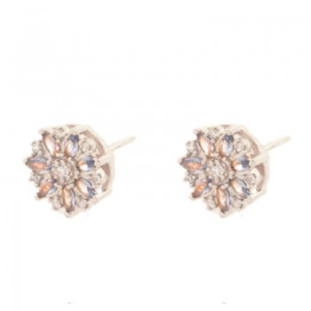 Brinco flor navete azul claro com miolo zirconia cristal, 9.5mm, Prata. 351553