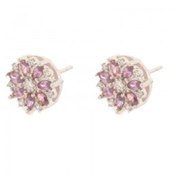 Brinco flor navete lilas com miolo zirconia cristal, 9.5mm, Prata. 351559