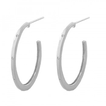Brinco meia argola oval grande lisa com 3 zirconias cristal. 31.5mm, prata. 351564