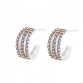 Brinco meia argola media 3 fios zirconia azul safira. 12.5x6.5mm, prata. 351570