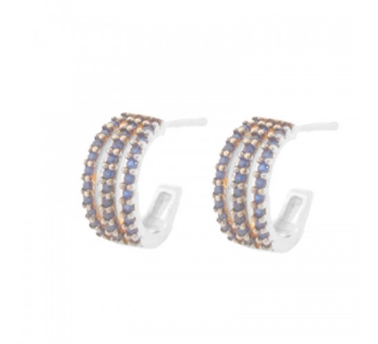 Brinco meia argola media 3 fios zirconia azul safira. 12.5x6.5mm, prata. 351570