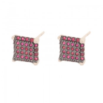 Brinco chuveiro quadrado pequeno zirconia vermelha. 7x7mm, prata. 351577