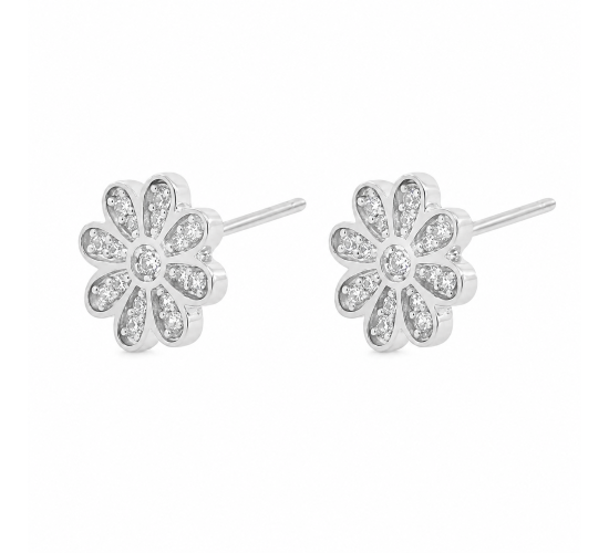 Brinco flor zirconia cristal, 9.5mm, Prata. 351580