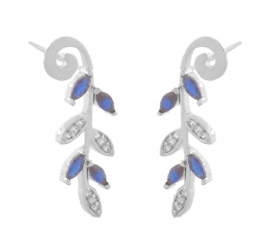 Brinco folhas navete azul safira e zirconia cristal. 25.5x9.5mm, prata. 351590