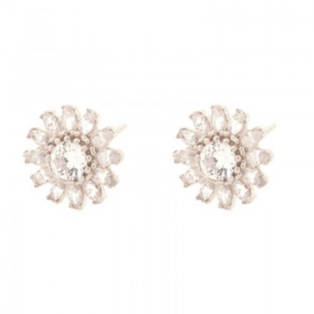 Brinco flor com petalas navete cristal e miolo zirconia cristal, 11.5mm, Prata. 351592
