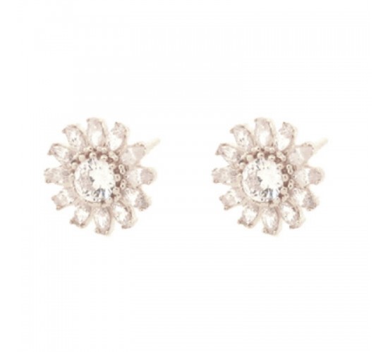 Brinco flor com petalas navete cristal e miolo zirconia cristal, 11.5mm, Prata. 351592