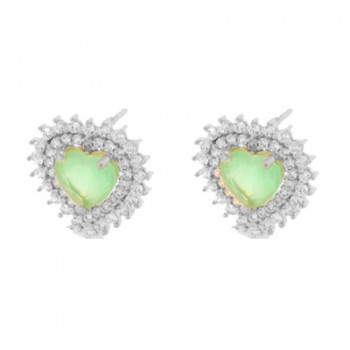 Brinco coracao pedra maior verde com zirconia cristal em volta, 13x12mm, Prata. 351606